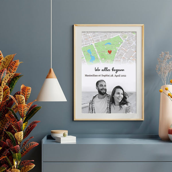 Personalisierte Landkarte "Wo alles begann" mit Foto & Datum - Romantisches Geschenk für Paare zum Jahrestag