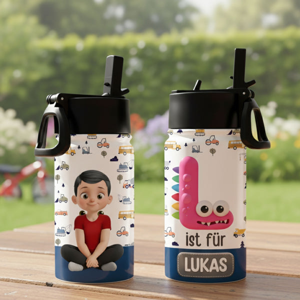 Personalisierte ABC-Trinkflasche für Kinder mit Namen & Avatar - Lernspaß für Kindergarten & Schule
