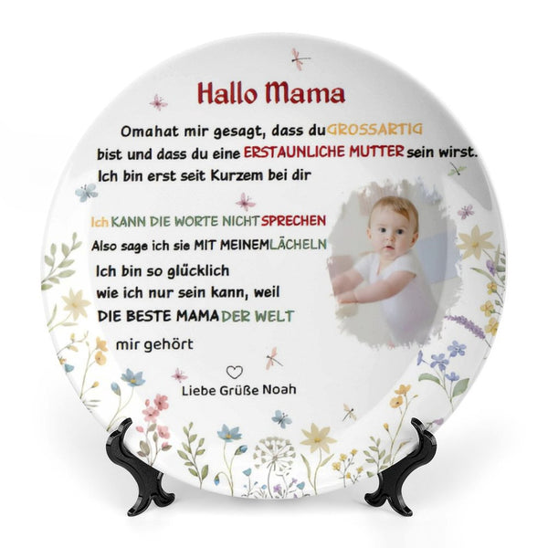 Personalisierter Keramikteller "Hallo Mama" mit Babyfoto & Namen - Einzigartiges Geschenk zur Geburt für neue Mütter