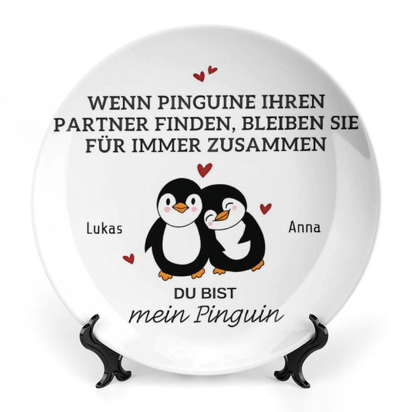 Personalisierter Pinguin Teller "Du bist mein Pinguin" mit Namen - Romantisches Geschenk für Paare